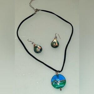 Venetian Glass Neckless With Pendant And Earrings Blue, Green, Silver
